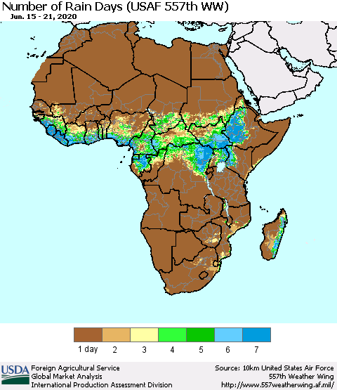 Africa Number of Rain Days (USAF 557th WW) Thematic Map For 6/15/2020 - 6/21/2020