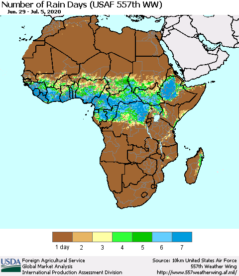 Africa Number of Rain Days (USAF 557th WW) Thematic Map For 6/29/2020 - 7/5/2020