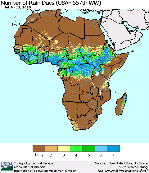 Africa Number of Rain Days (USAF 557th WW) Thematic Map For 7/6/2020 - 7/12/2020
