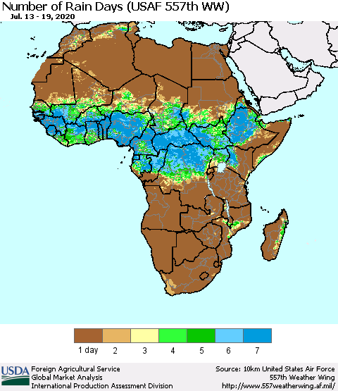 Africa Number of Rain Days (USAF 557th WW) Thematic Map For 7/13/2020 - 7/19/2020