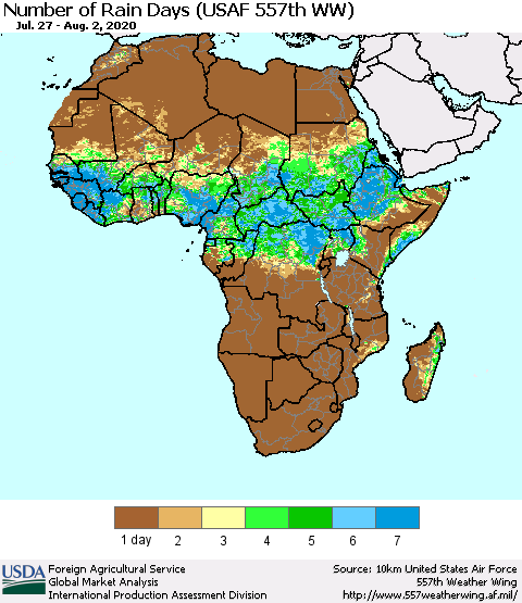 Africa Number of Rain Days (USAF 557th WW) Thematic Map For 7/27/2020 - 8/2/2020