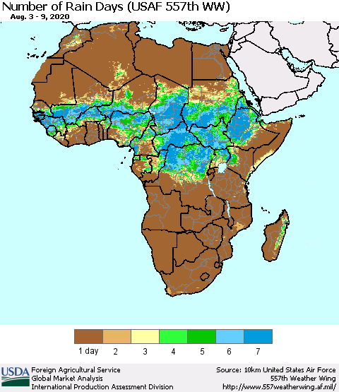 Africa Number of Rain Days (USAF 557th WW) Thematic Map For 8/3/2020 - 8/9/2020