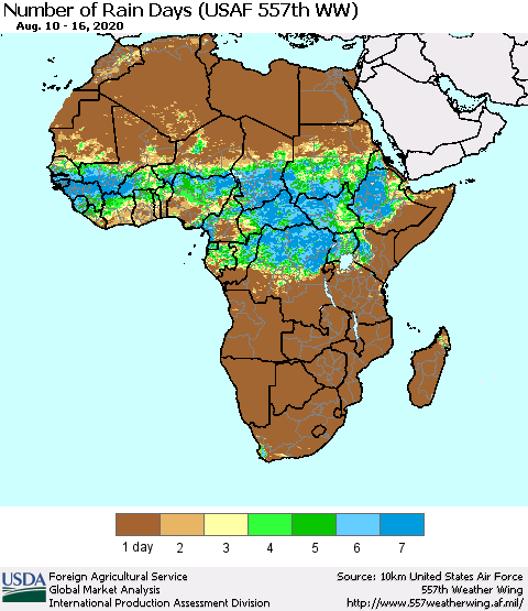 Africa Number of Rain Days (USAF 557th WW) Thematic Map For 8/10/2020 - 8/16/2020