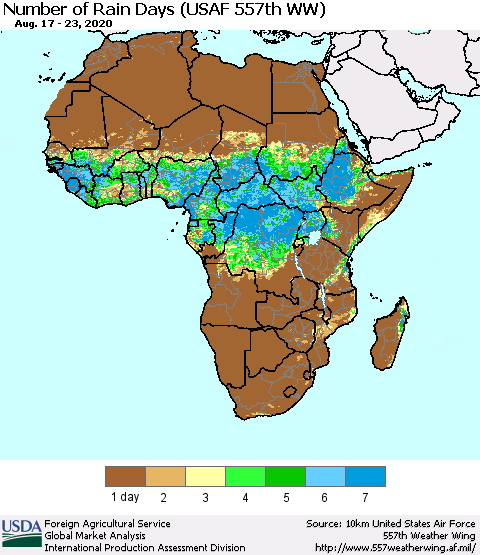 Africa Number of Rain Days (USAF 557th WW) Thematic Map For 8/17/2020 - 8/23/2020