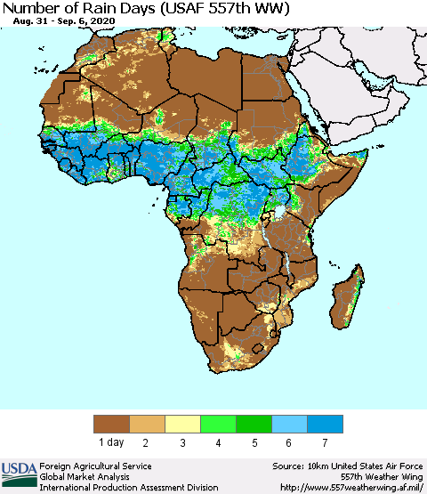 Africa Number of Rain Days (USAF 557th WW) Thematic Map For 8/31/2020 - 9/6/2020