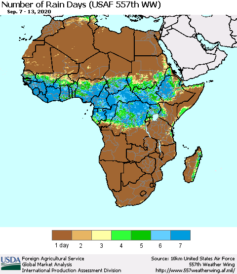 Africa Number of Rain Days (USAF 557th WW) Thematic Map For 9/7/2020 - 9/13/2020