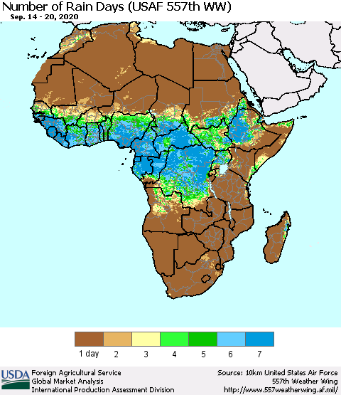 Africa Number of Rain Days (USAF 557th WW) Thematic Map For 9/14/2020 - 9/20/2020
