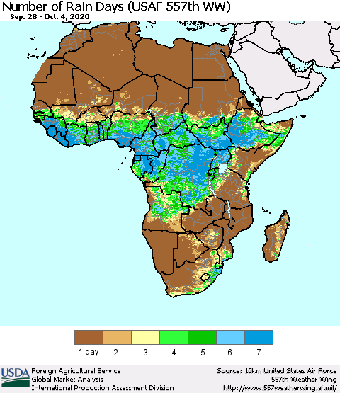 Africa Number of Rain Days (USAF 557th WW) Thematic Map For 9/28/2020 - 10/4/2020