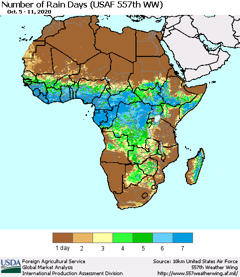 Africa Number of Rain Days (USAF 557th WW) Thematic Map For 10/5/2020 - 10/11/2020