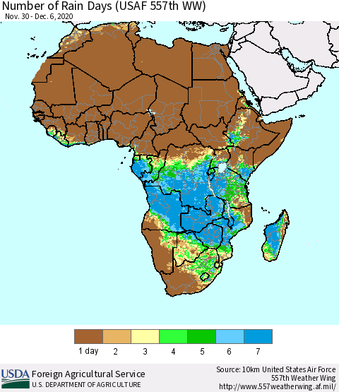 Africa Number of Rain Days (USAF 557th WW) Thematic Map For 11/30/2020 - 12/6/2020