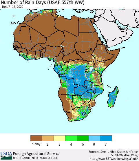 Africa Number of Rain Days (USAF 557th WW) Thematic Map For 12/7/2020 - 12/13/2020