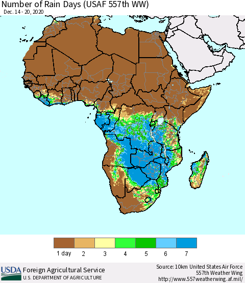 Africa Number of Rain Days (USAF 557th WW) Thematic Map For 12/14/2020 - 12/20/2020