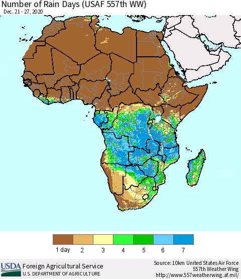 Africa Number of Rain Days (USAF 557th WW) Thematic Map For 12/21/2020 - 12/27/2020