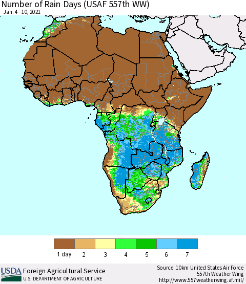 Africa Number of Rain Days (USAF 557th WW) Thematic Map For 1/4/2021 - 1/10/2021