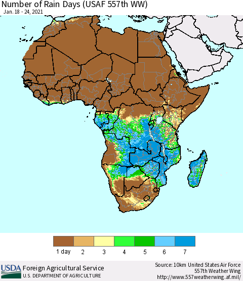 Africa Number of Rain Days (USAF 557th WW) Thematic Map For 1/18/2021 - 1/24/2021