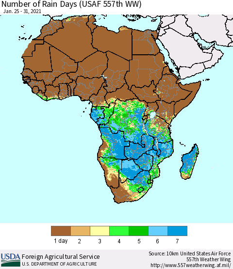 Africa Number of Rain Days (USAF 557th WW) Thematic Map For 1/25/2021 - 1/31/2021