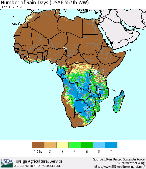 Africa Number of Rain Days (USAF 557th WW) Thematic Map For 2/1/2021 - 2/7/2021