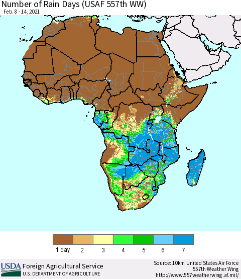 Africa Number of Rain Days (USAF 557th WW) Thematic Map For 2/8/2021 - 2/14/2021