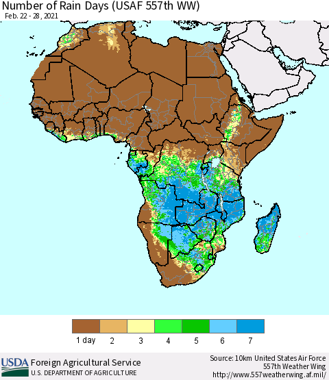 Africa Number of Rain Days (USAF 557th WW) Thematic Map For 2/22/2021 - 2/28/2021