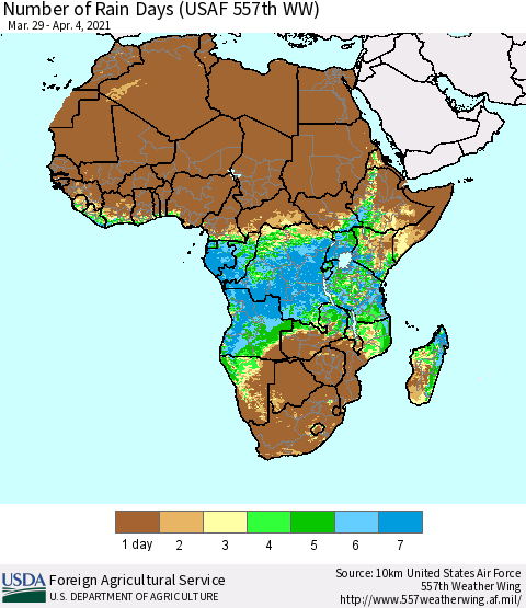 Africa Number of Rain Days (USAF 557th WW) Thematic Map For 3/29/2021 - 4/4/2021