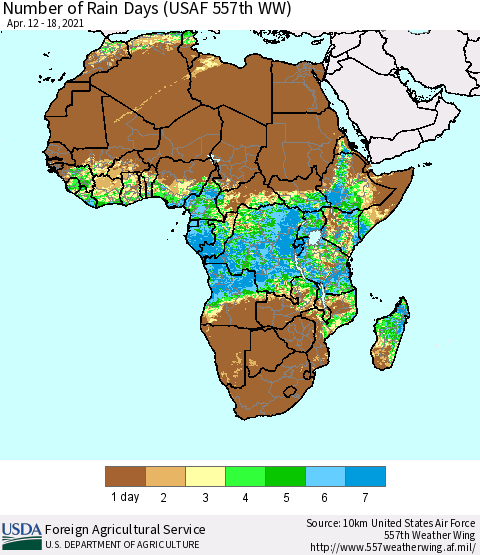 Africa Number of Rain Days (USAF 557th WW) Thematic Map For 4/12/2021 - 4/18/2021