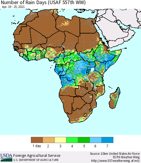Africa Number of Rain Days (USAF 557th WW) Thematic Map For 4/19/2021 - 4/25/2021