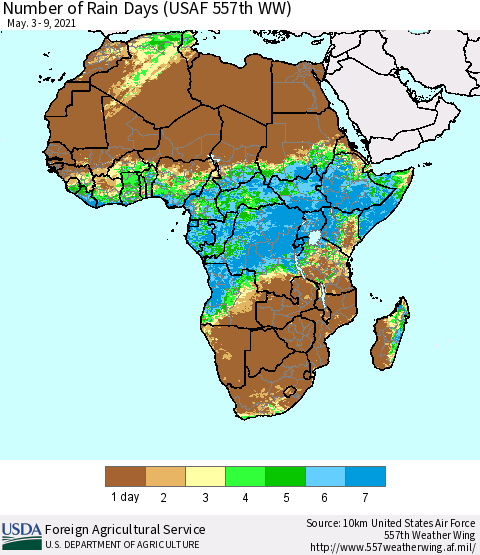 Africa Number of Rain Days (USAF 557th WW) Thematic Map For 5/3/2021 - 5/9/2021