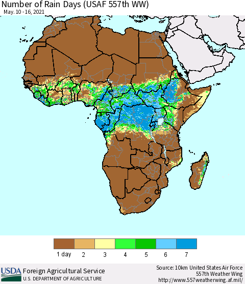 Africa Number of Rain Days (USAF 557th WW) Thematic Map For 5/10/2021 - 5/16/2021
