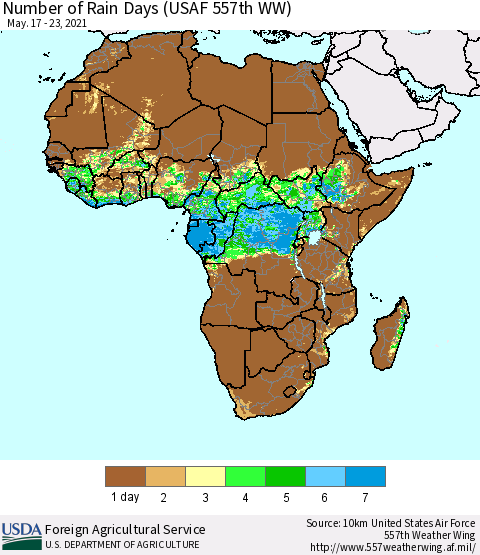 Africa Number of Rain Days (USAF 557th WW) Thematic Map For 5/17/2021 - 5/23/2021