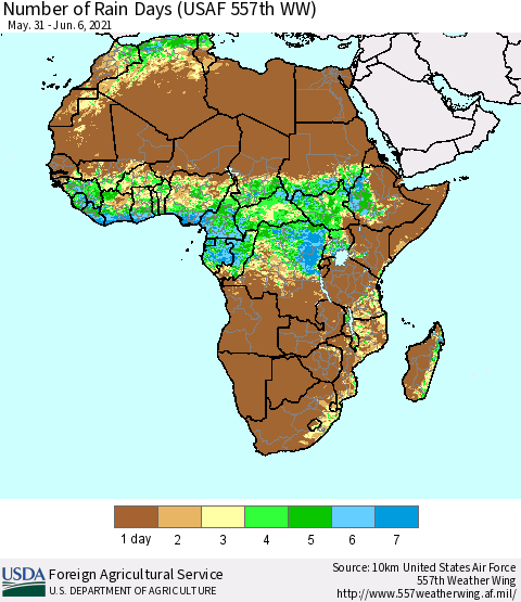 Africa Number of Rain Days (USAF 557th WW) Thematic Map For 5/31/2021 - 6/6/2021