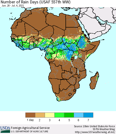 Africa Number of Rain Days (USAF 557th WW) Thematic Map For 6/28/2021 - 7/4/2021