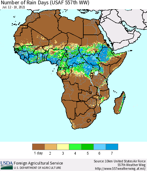 Africa Number of Rain Days (USAF 557th WW) Thematic Map For 7/12/2021 - 7/18/2021