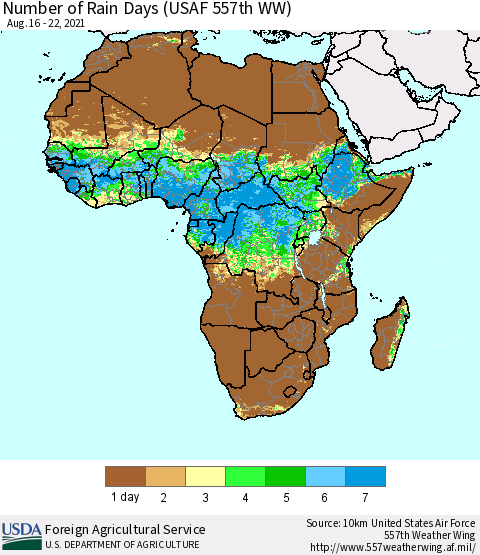 Africa Number of Rain Days (USAF 557th WW) Thematic Map For 8/16/2021 - 8/22/2021