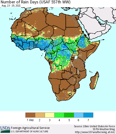 Africa Number of Rain Days (USAF 557th WW) Thematic Map For 8/23/2021 - 8/29/2021