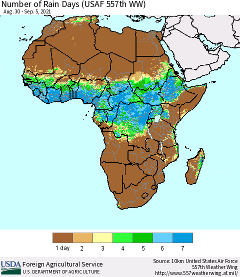 Africa Number of Rain Days (USAF 557th WW) Thematic Map For 8/30/2021 - 9/5/2021