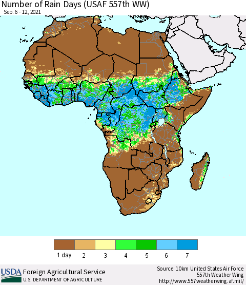 Africa Number of Rain Days (USAF 557th WW) Thematic Map For 9/6/2021 - 9/12/2021
