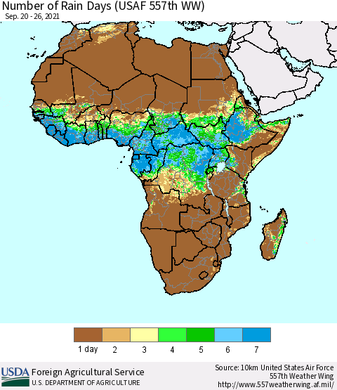 Africa Number of Rain Days (USAF 557th WW) Thematic Map For 9/20/2021 - 9/26/2021