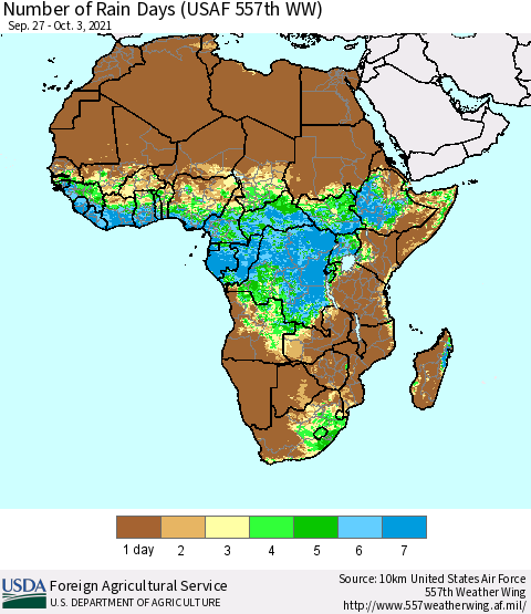 Africa Number of Rain Days (USAF 557th WW) Thematic Map For 9/27/2021 - 10/3/2021