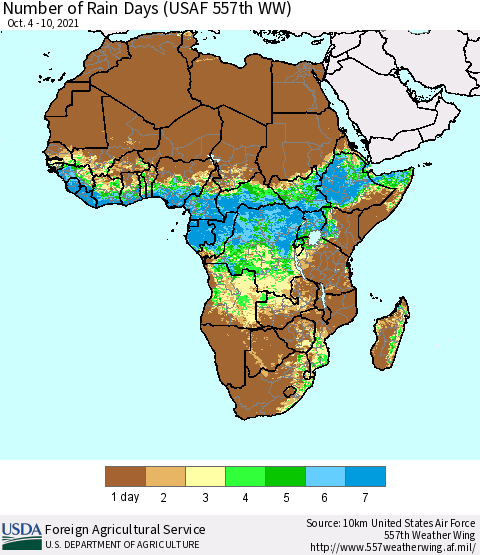 Africa Number of Rain Days (USAF 557th WW) Thematic Map For 10/4/2021 - 10/10/2021