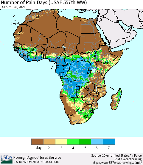 Africa Number of Rain Days (USAF 557th WW) Thematic Map For 10/25/2021 - 10/31/2021