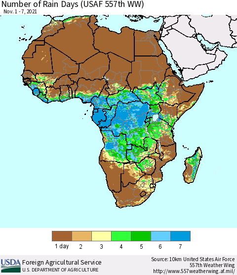 Africa Number of Rain Days (USAF 557th WW) Thematic Map For 11/1/2021 - 11/7/2021