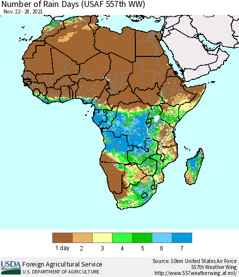 Africa Number of Rain Days (USAF 557th WW) Thematic Map For 11/22/2021 - 11/28/2021