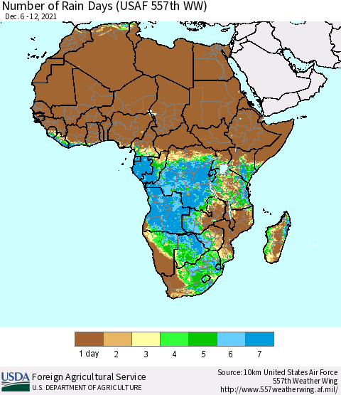 Africa Number of Rain Days (USAF 557th WW) Thematic Map For 12/6/2021 - 12/12/2021