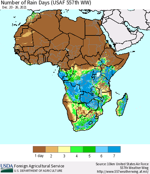 Africa Number of Rain Days (USAF 557th WW) Thematic Map For 12/20/2021 - 12/26/2021