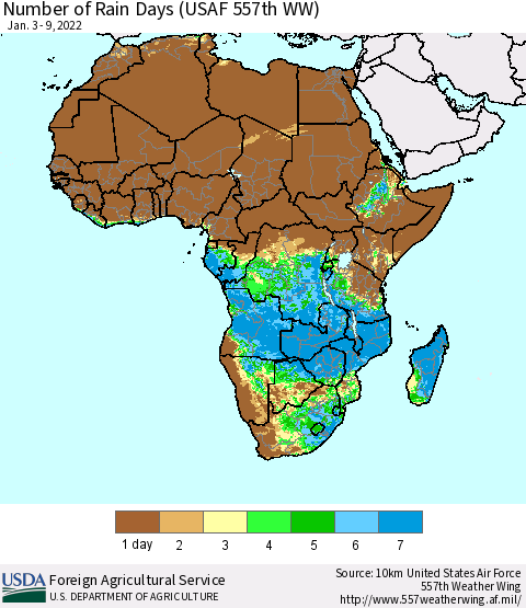 Africa Number of Rain Days (USAF 557th WW) Thematic Map For 1/3/2022 - 1/9/2022