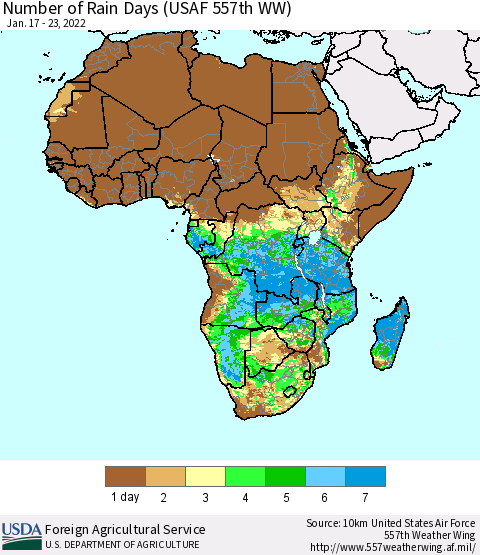 Africa Number of Rain Days (USAF 557th WW) Thematic Map For 1/17/2022 - 1/23/2022