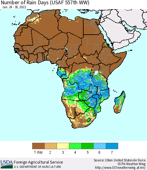 Africa Number of Rain Days (USAF 557th WW) Thematic Map For 1/24/2022 - 1/30/2022