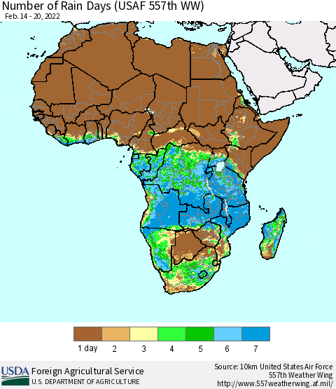 Africa Number of Rain Days (USAF 557th WW) Thematic Map For 2/14/2022 - 2/20/2022