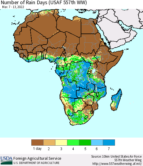 Africa Number of Rain Days (USAF 557th WW) Thematic Map For 3/7/2022 - 3/13/2022