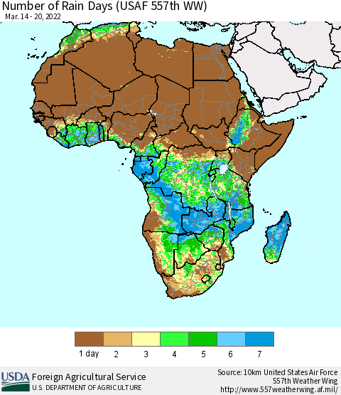 Africa Number of Rain Days (USAF 557th WW) Thematic Map For 3/14/2022 - 3/20/2022